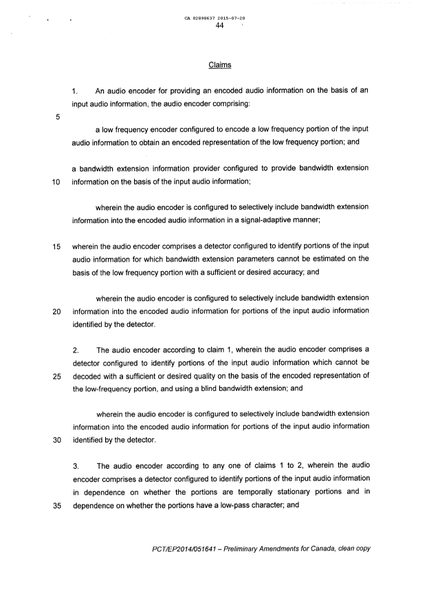 Document de brevet canadien 2898637. Revendications 20141221. Image 1 de 14