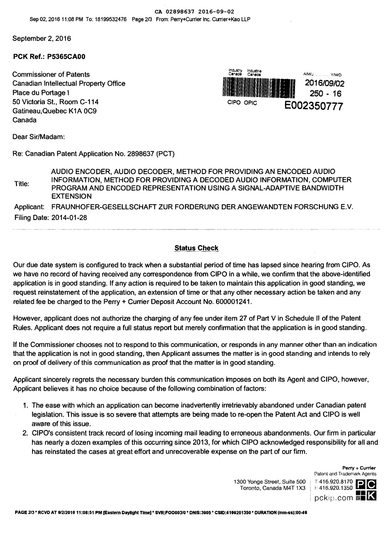 Canadian Patent Document 2898637. Correspondence 20160902. Image 1 of 3
