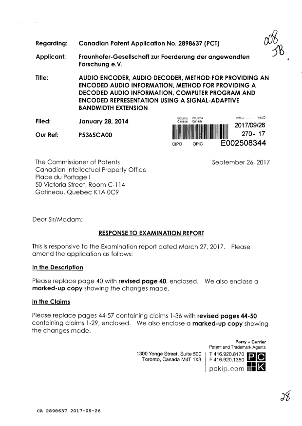 Canadian Patent Document 2898637. Amendment 20170926. Image 1 of 28