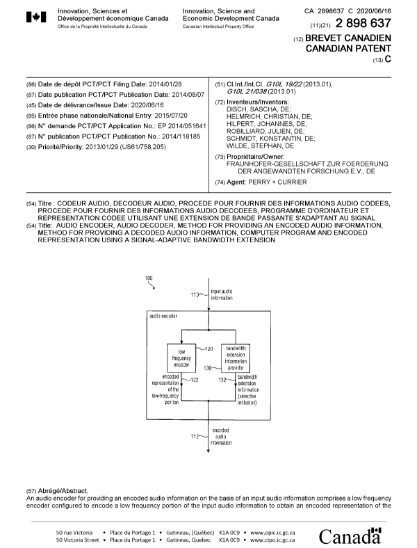 Document de brevet canadien 2898637. Page couverture 20200519. Image 1 de 2