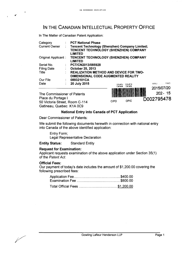 Document de brevet canadien 2898668. Demande d'entrée en phase nationale 20141220. Image 1 de 4