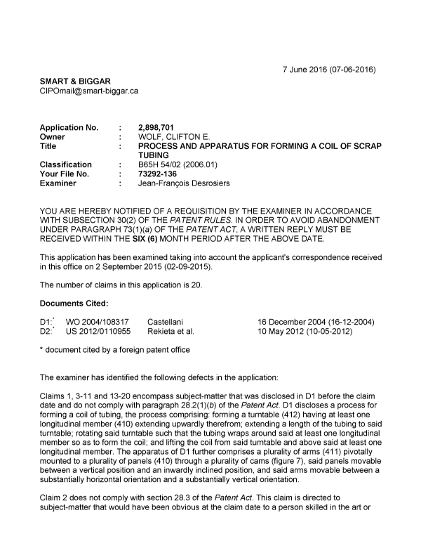 Document de brevet canadien 2898701. Poursuite-Amendment 20151207. Image 1 de 3