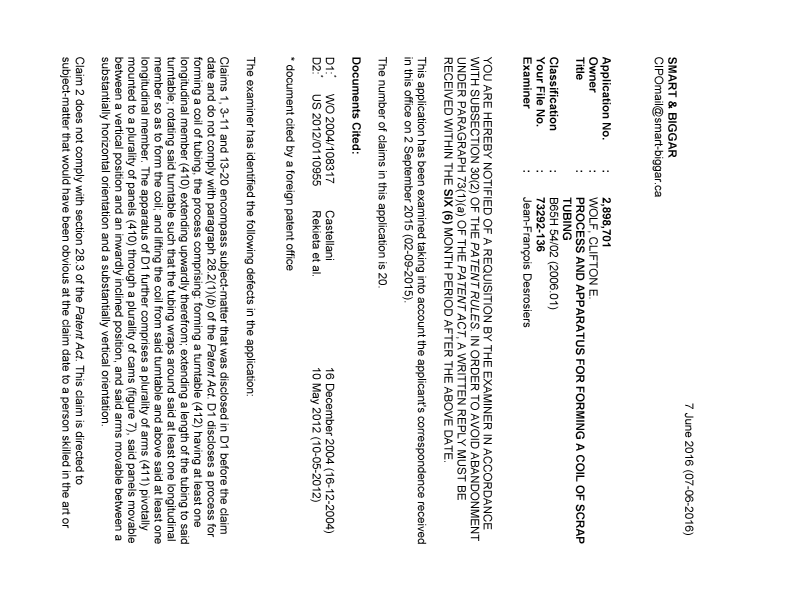 Canadian Patent Document 2898701. Prosecution-Amendment 20151207. Image 1 of 3