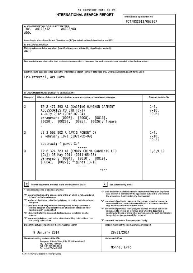 Document de brevet canadien 2898702. Rapport de recherche internationale 20150720. Image 1 de 5