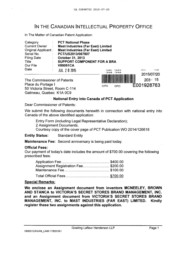 Document de brevet canadien 2898702. Demande d'entrée en phase nationale 20150720. Image 1 de 10