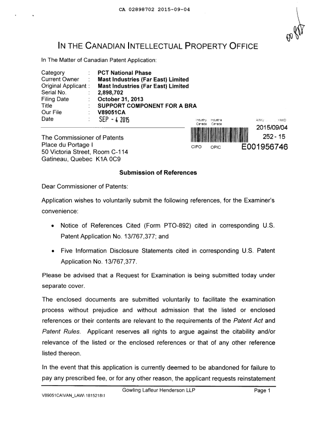Document de brevet canadien 2898702. Modification 20150904. Image 1 de 2