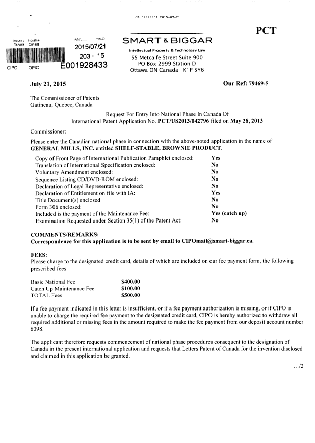 Document de brevet canadien 2898804. Demande d'entrée en phase nationale 20141221. Image 1 de 2