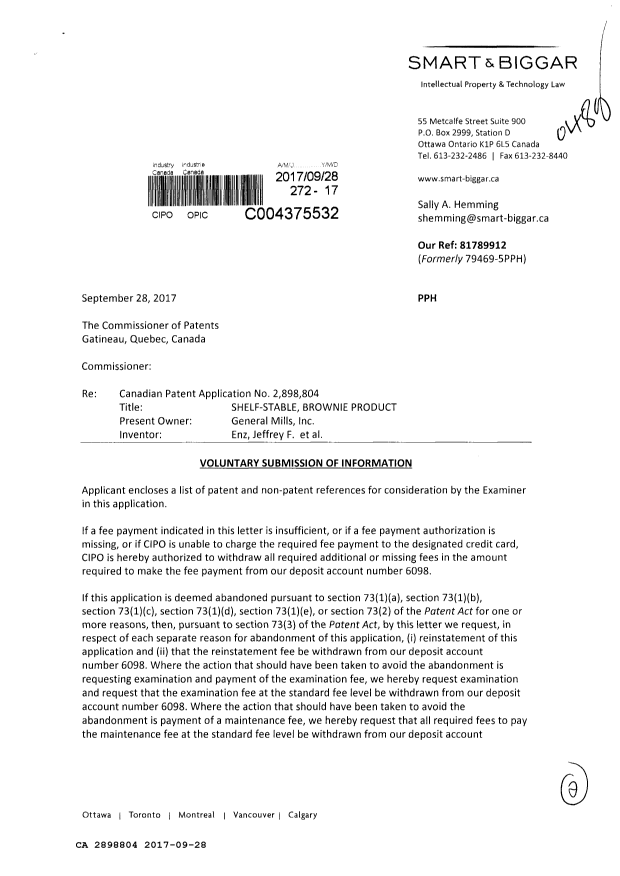 Document de brevet canadien 2898804. Modification 20170928. Image 1 de 2