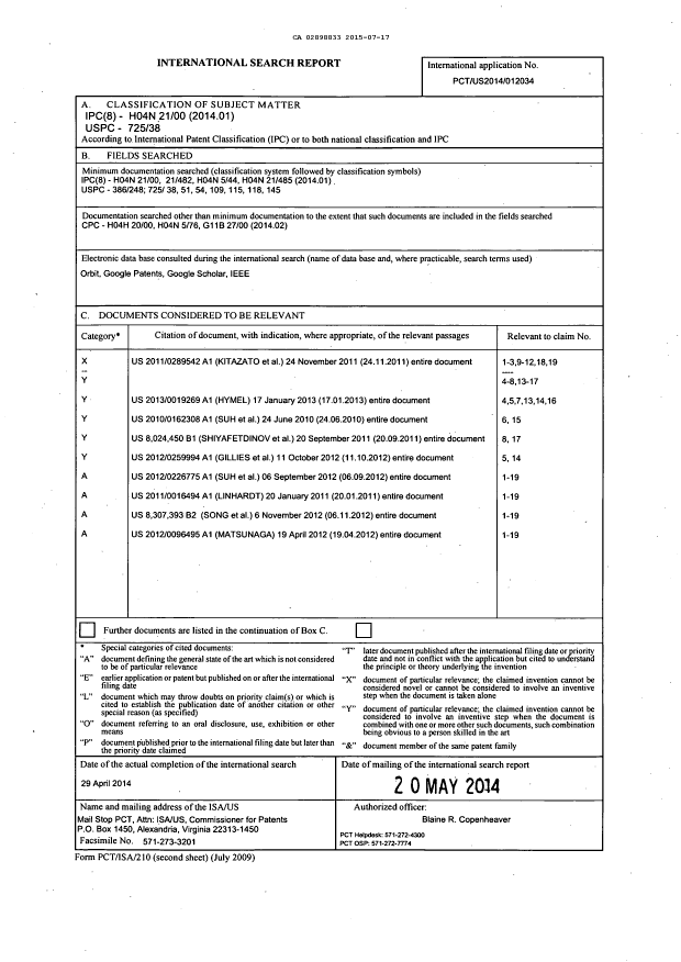 Document de brevet canadien 2898833. Rapport de recherche internationale 20141217. Image 1 de 1