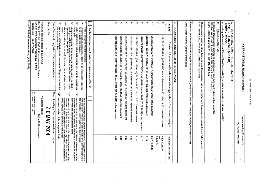 Document de brevet canadien 2898833. Rapport de recherche internationale 20141217. Image 1 de 1