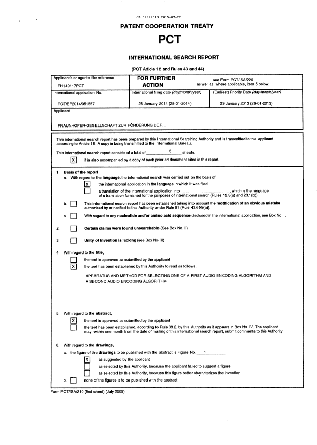 Document de brevet canadien 2899013. Traité de coopération en matière de brevets (PCT) 20150722. Image 1 de 12