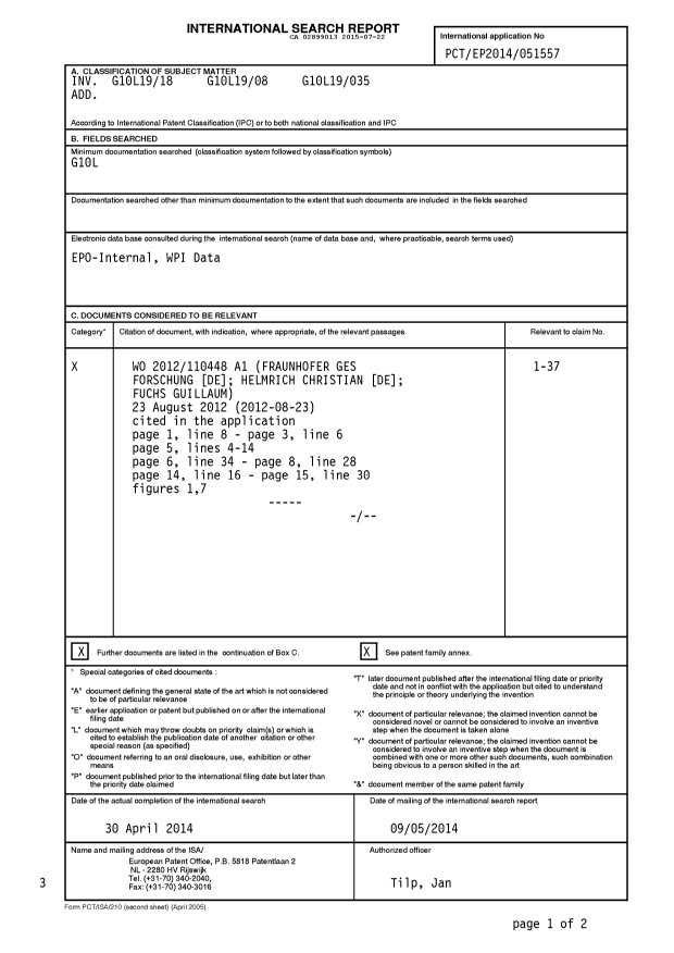 Document de brevet canadien 2899013. Rapport de recherche internationale 20150722. Image 1 de 4