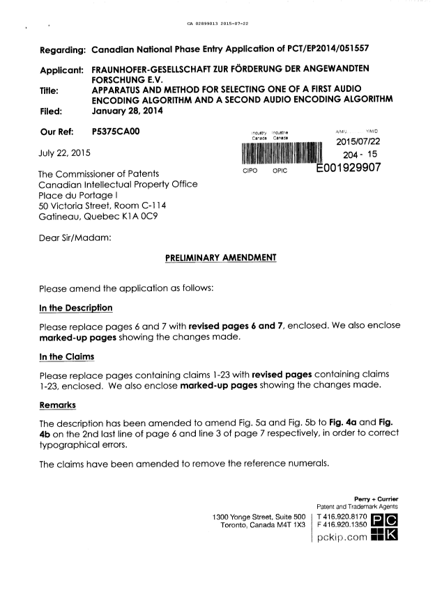 Document de brevet canadien 2899013. Modification volontaire 20150722. Image 1 de 20