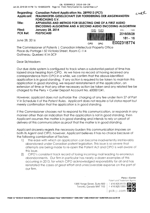 Document de brevet canadien 2899013. Correspondance 20151228. Image 1 de 2