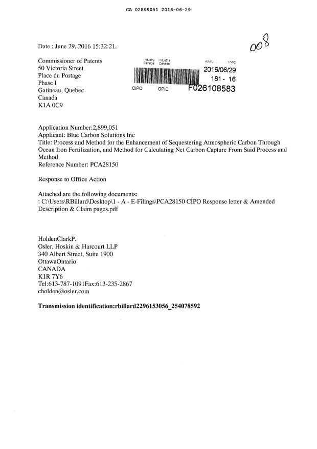 Canadian Patent Document 2899051. Amendment 20160629. Image 1 of 9