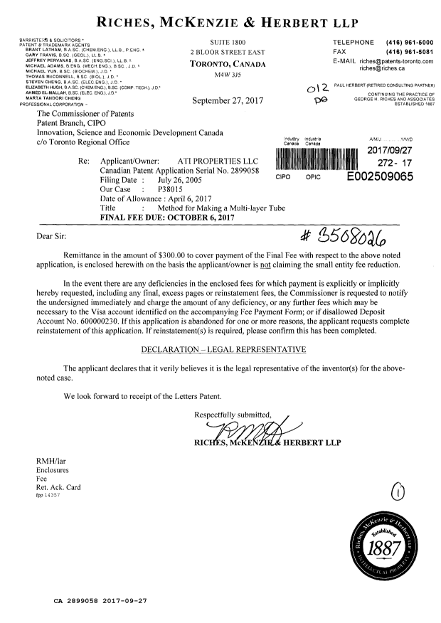 Document de brevet canadien 2899058. Correspondance 20161227. Image 1 de 1