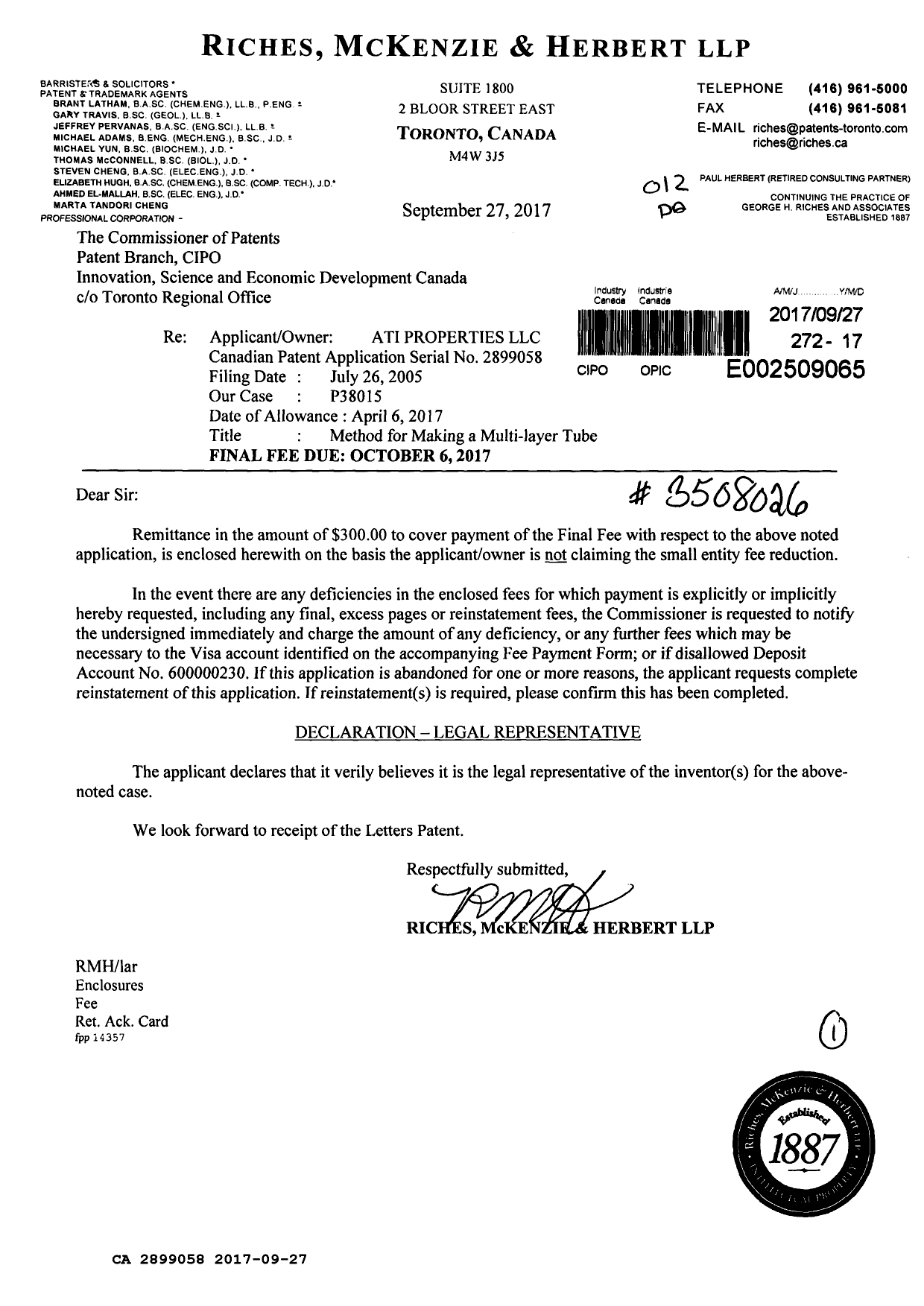 Canadian Patent Document 2899058. Correspondence 20161227. Image 1 of 1