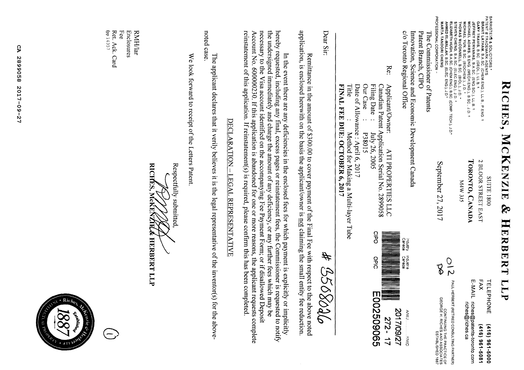 Document de brevet canadien 2899058. Correspondance 20161227. Image 1 de 1