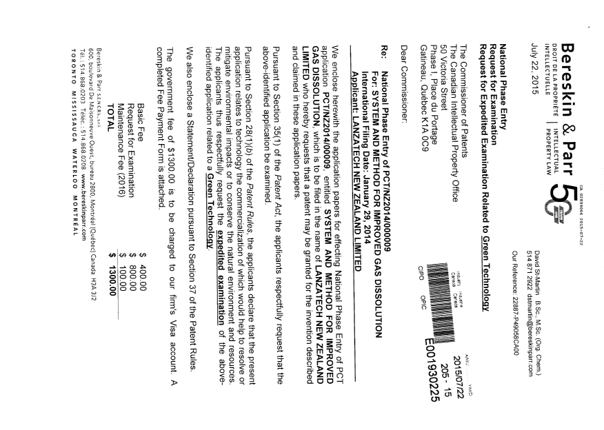 Document de brevet canadien 2899066. Demande d'entrée en phase nationale 20150722. Image 1 de 4