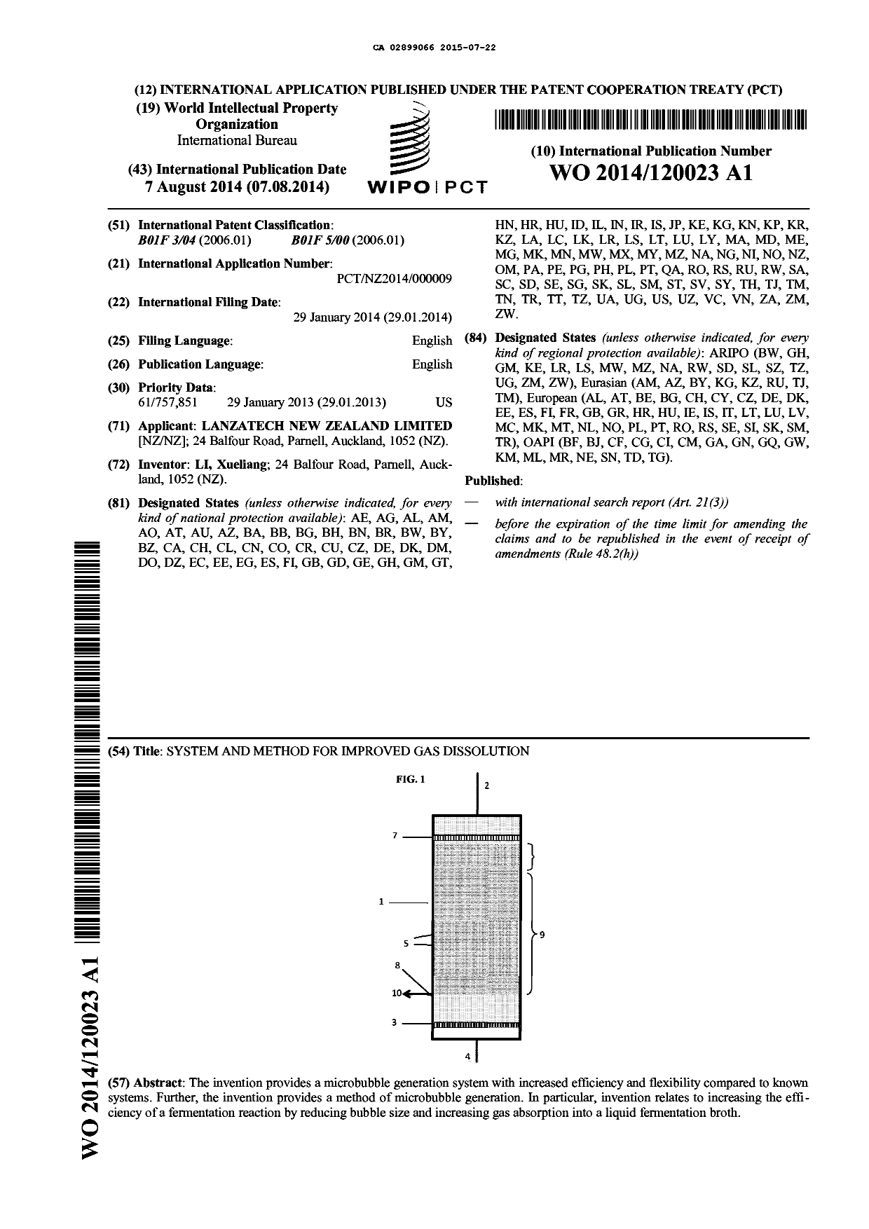 Document de brevet canadien 2899066. Abrégé 20150722. Image 1 de 1