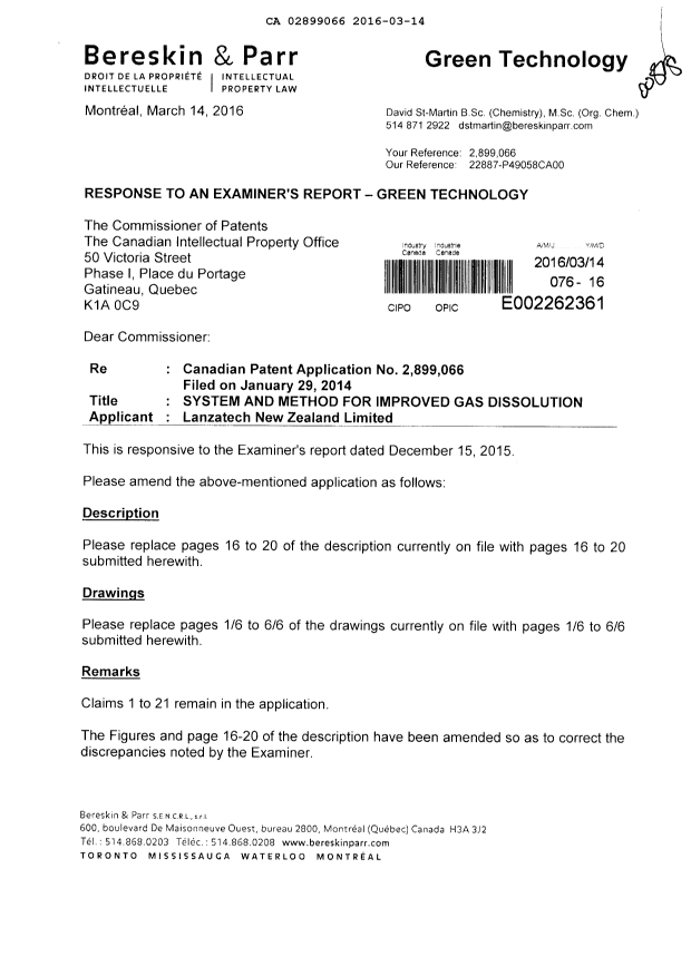 Document de brevet canadien 2899066. Modification 20160314. Image 1 de 13