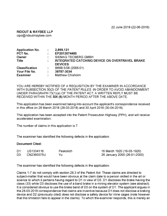 Document de brevet canadien 2899121. R30(2) Requête de l'examinateur 20171222. Image 1 de 3