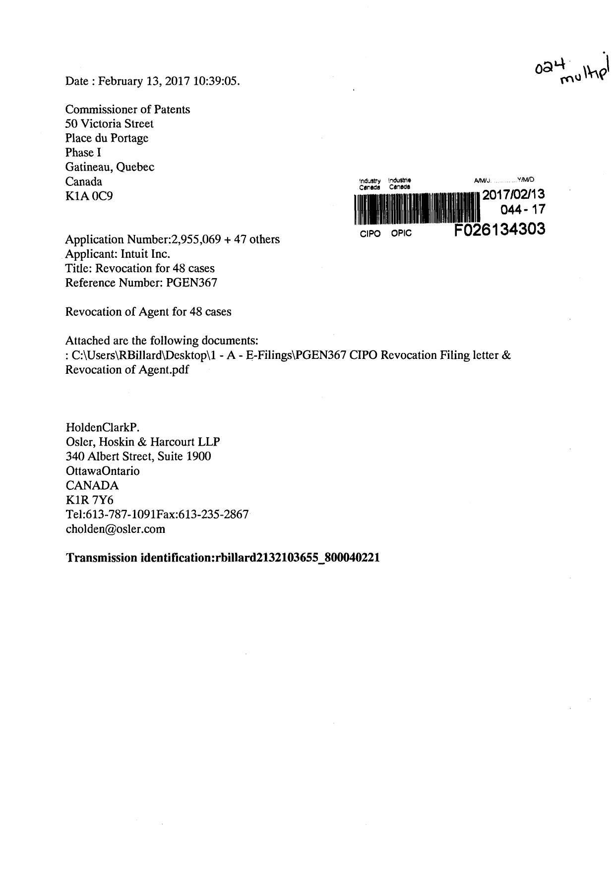 Document de brevet canadien 2899248. Correspondance 20161213. Image 1 de 4