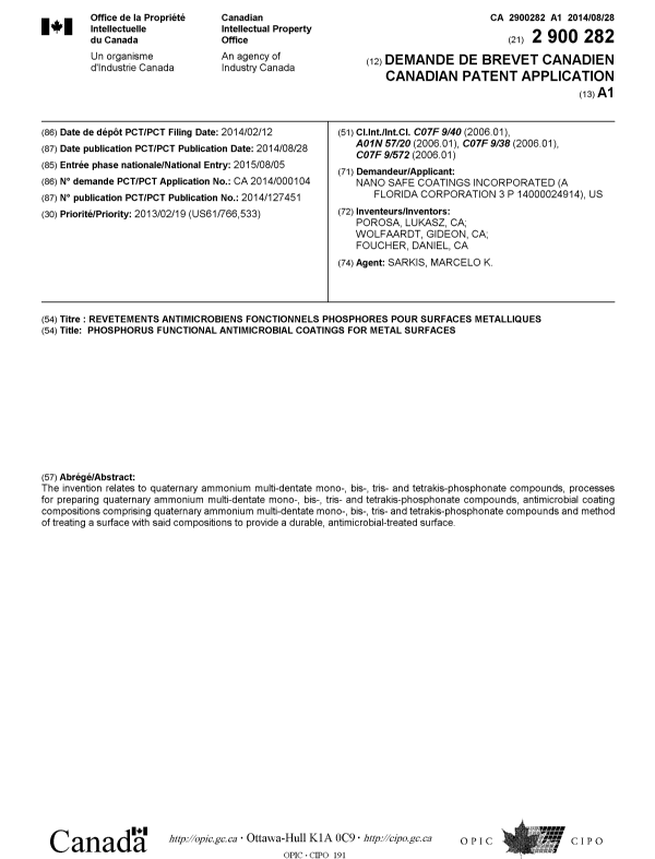 Document de brevet canadien 2900282. Page couverture 20150826. Image 1 de 1
