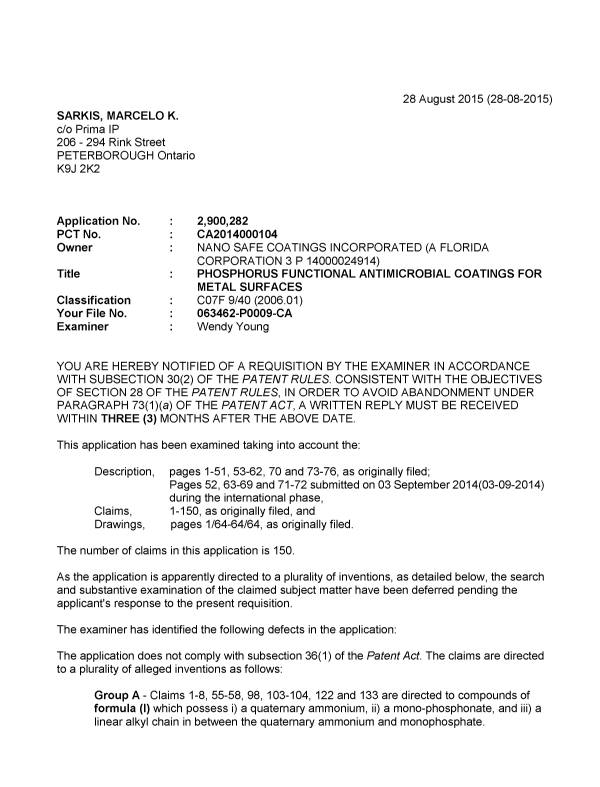 Canadian Patent Document 2900282. Examiner Requisition 20150828. Image 1 of 4