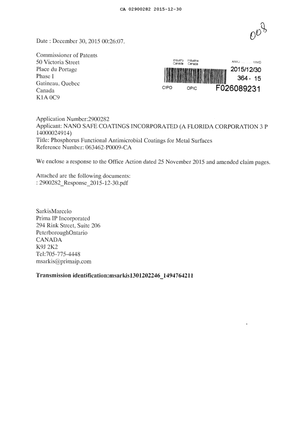 Document de brevet canadien 2900282. Modification 20151230. Image 1 de 8