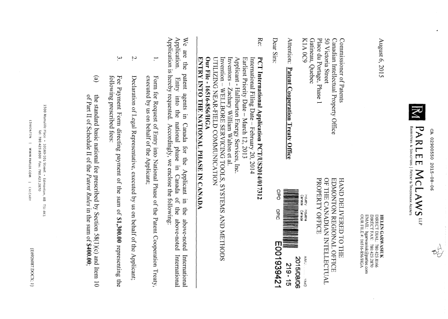Canadian Patent Document 2900550. National Entry Request 20150806. Image 1 of 16