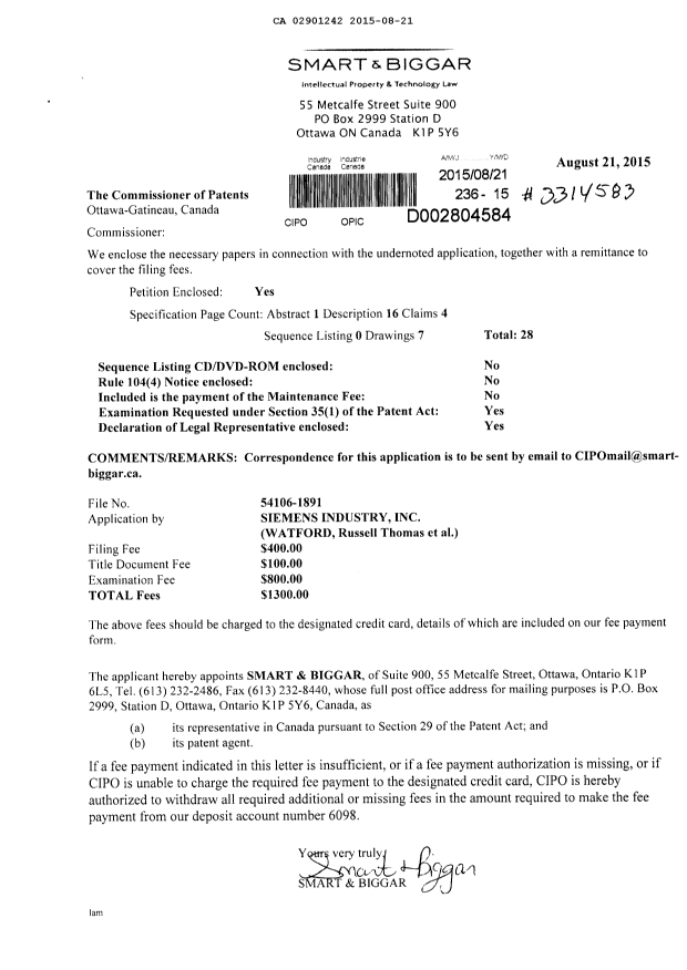 Canadian Patent Document 2901242. New Application 20150821. Image 1 of 5