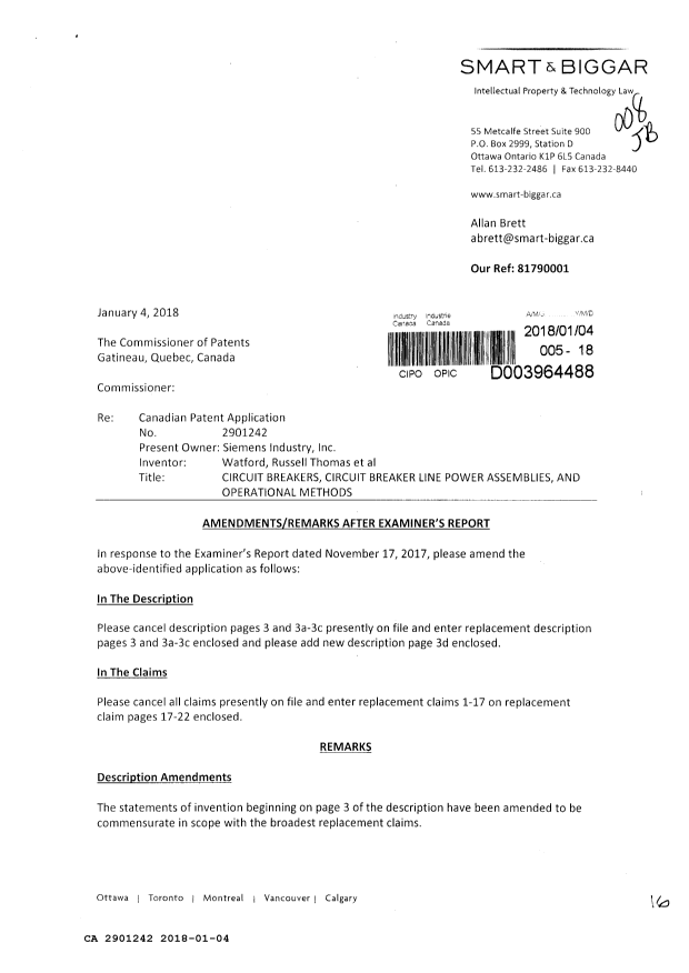 Canadian Patent Document 2901242. Amendment 20180104. Image 1 of 16