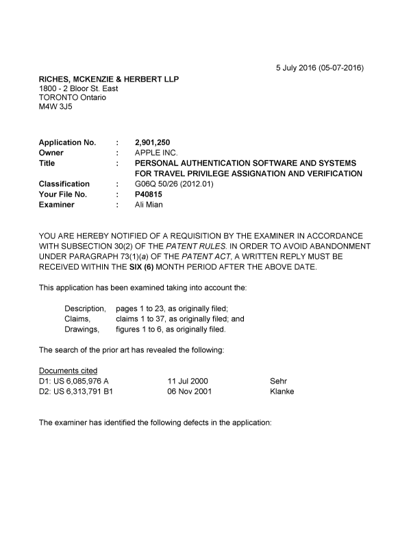 Canadian Patent Document 2901250. Examiner Requisition 20160705. Image 1 of 3