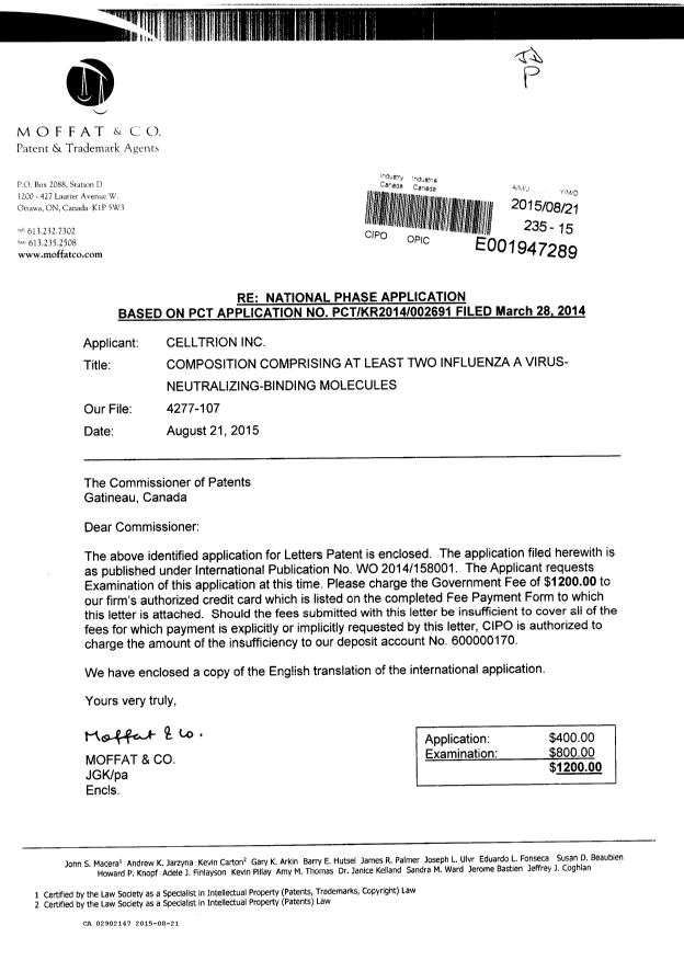 Canadian Patent Document 2902147. National Entry Request 20150821. Image 1 of 3