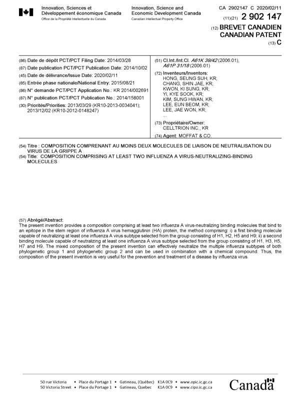 Canadian Patent Document 2902147. Cover Page 20200121. Image 1 of 2