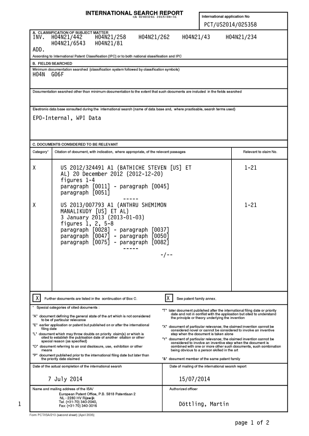 Canadian Patent Document 2903241. International Search Report 20150831. Image 1 of 3
