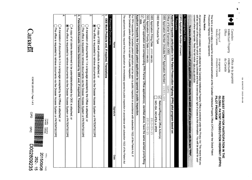 Canadian Patent Document 2903767. Prosecution/Amendment 20150908. Image 1 of 4