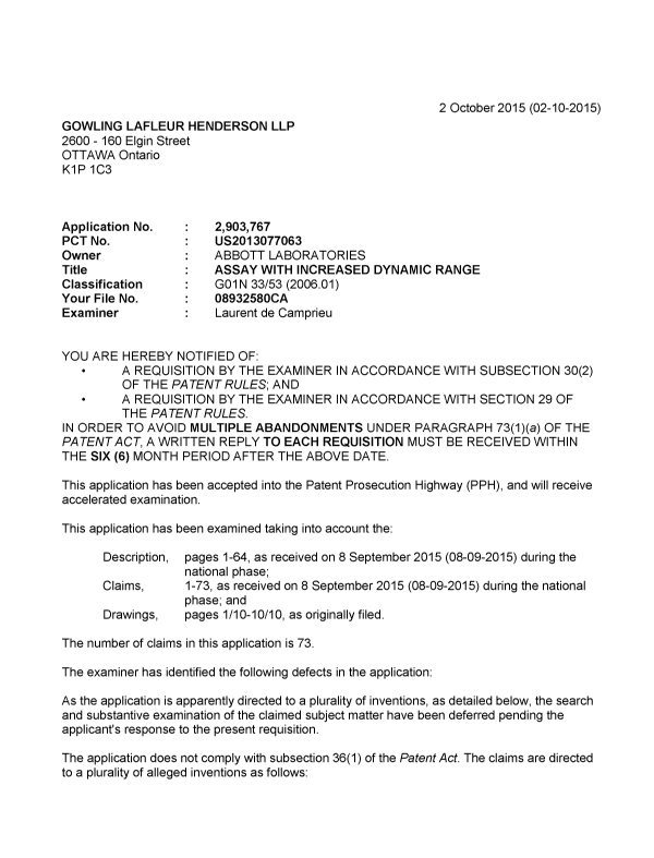 Canadian Patent Document 2903767. Examiner Requisition 20151002. Image 1 of 5