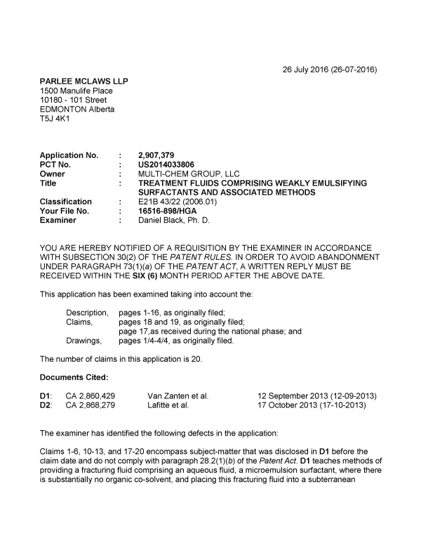 Canadian Patent Document 2907379. Examiner Requisition 20160726. Image 1 of 4