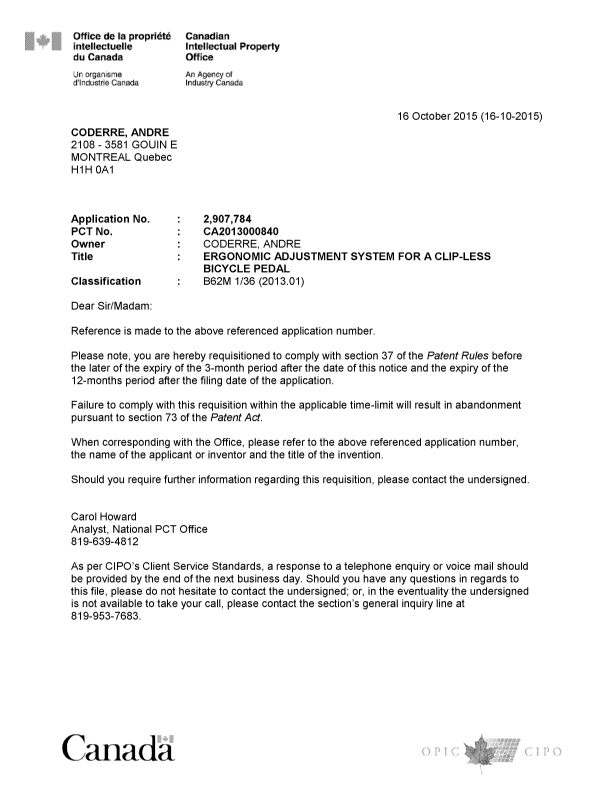 Document de brevet canadien 2907784. Correspondance 20151016. Image 1 de 1