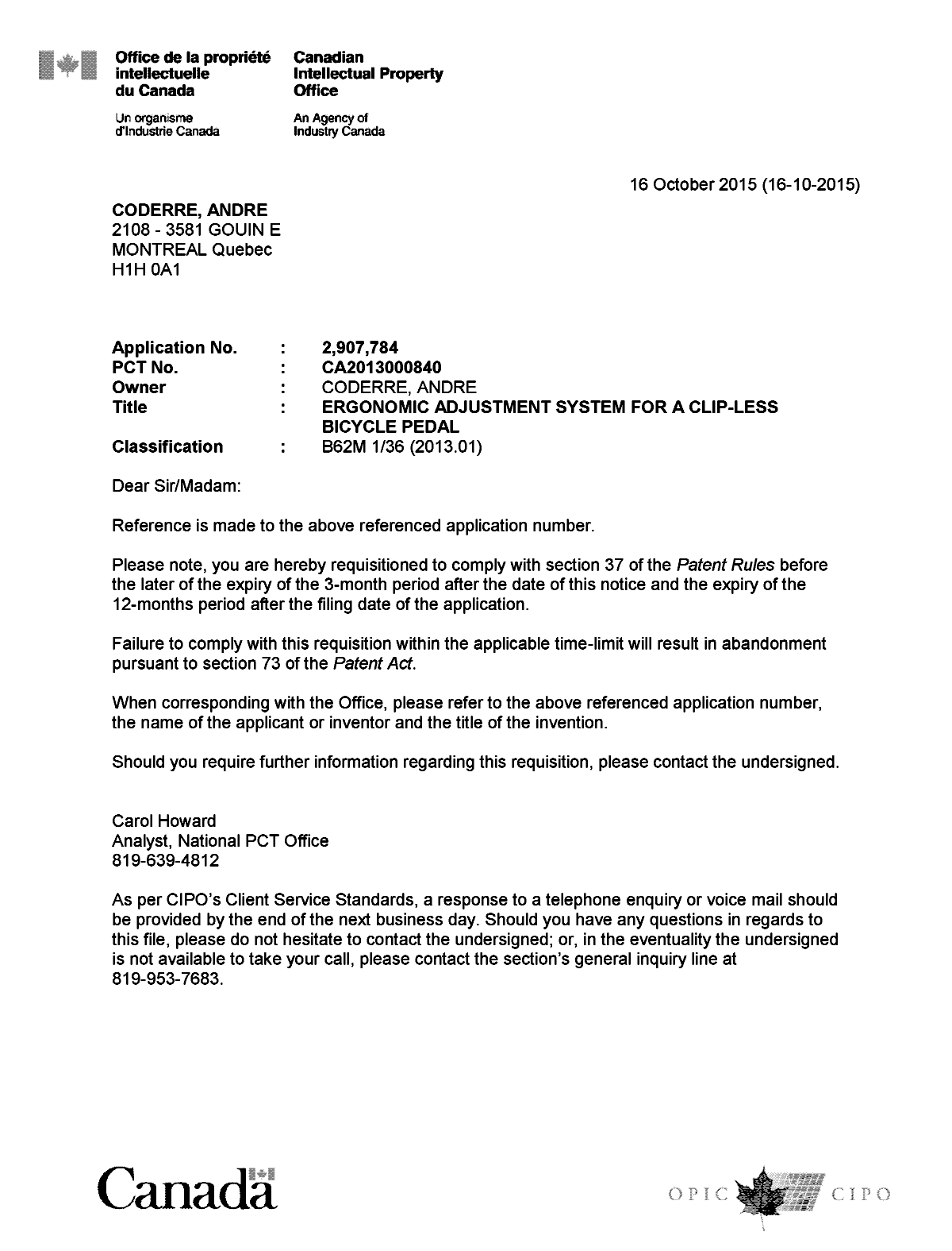 Document de brevet canadien 2907784. Correspondance 20151016. Image 1 de 1
