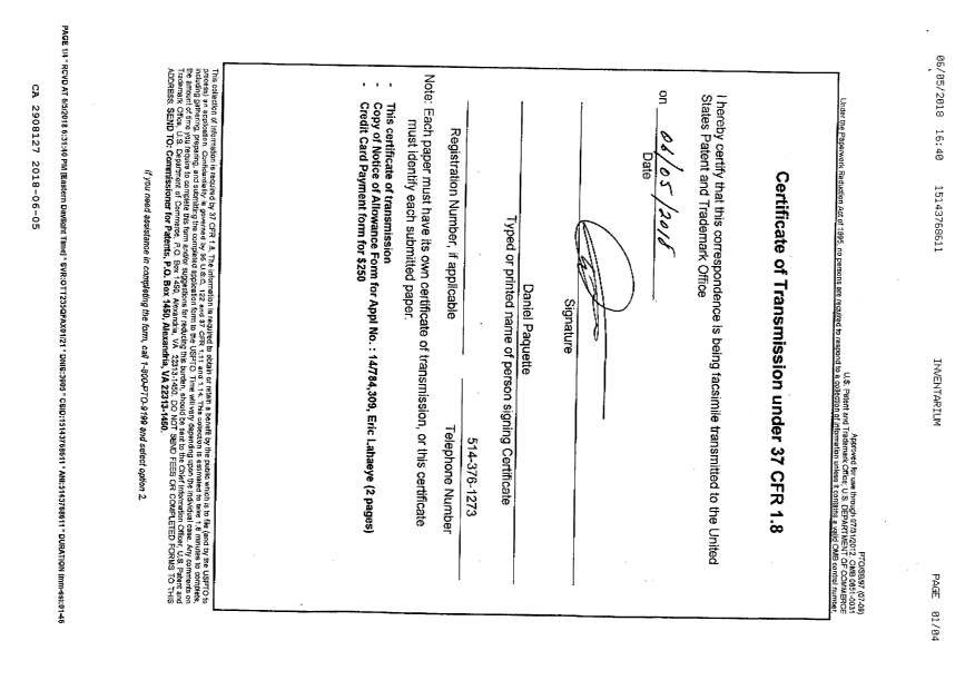 Document de brevet canadien 2908127. Correspondance 20171205. Image 2 de 4