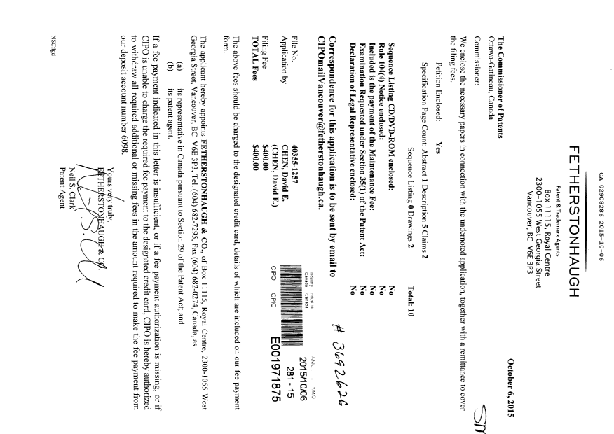 Canadian Patent Document 2908286. New Application 20151006. Image 1 of 2