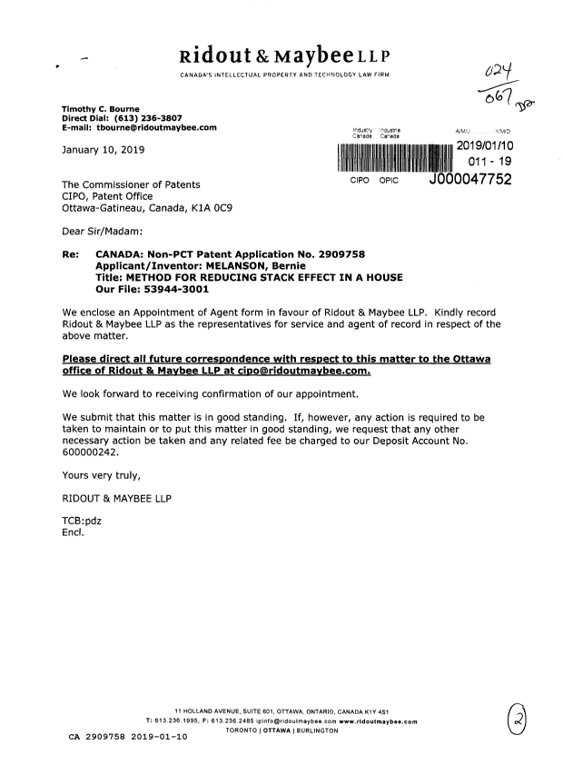 Document de brevet canadien 2909758. Changement de nomination d'agent 20190110. Image 1 de 2