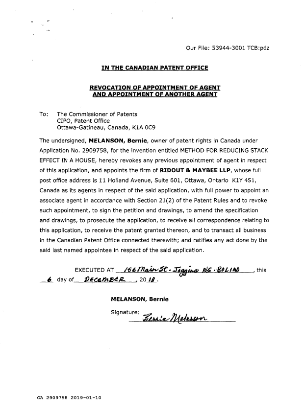 Document de brevet canadien 2909758. Changement de nomination d'agent 20190110. Image 2 de 2