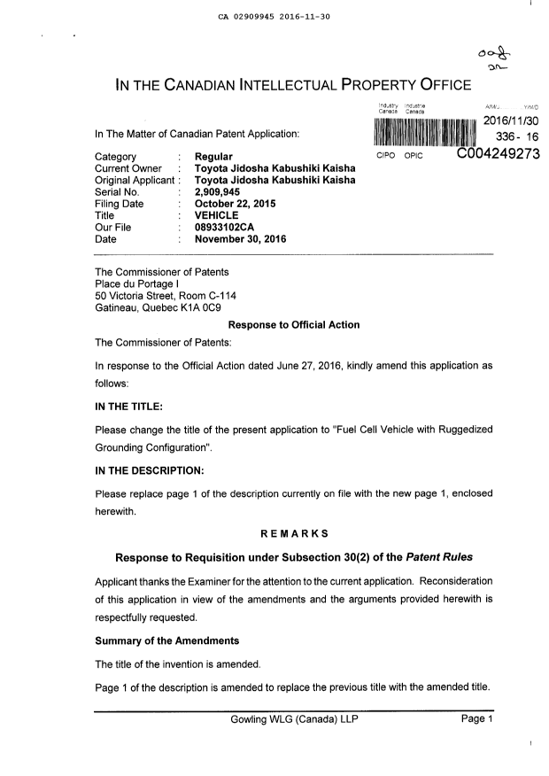 Canadian Patent Document 2909945. Amendment 20161130. Image 1 of 5
