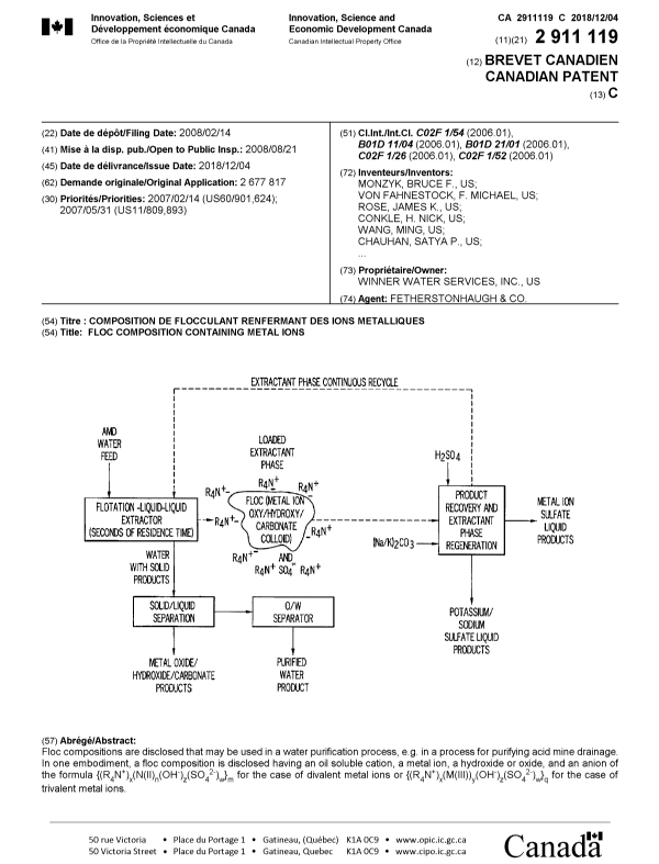 Document de brevet canadien 2911119. Page couverture 20181101. Image 1 de 2