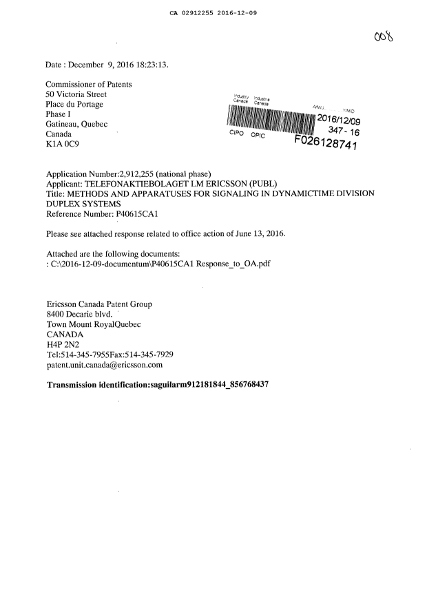 Document de brevet canadien 2912255. Modification 20161209. Image 1 de 11