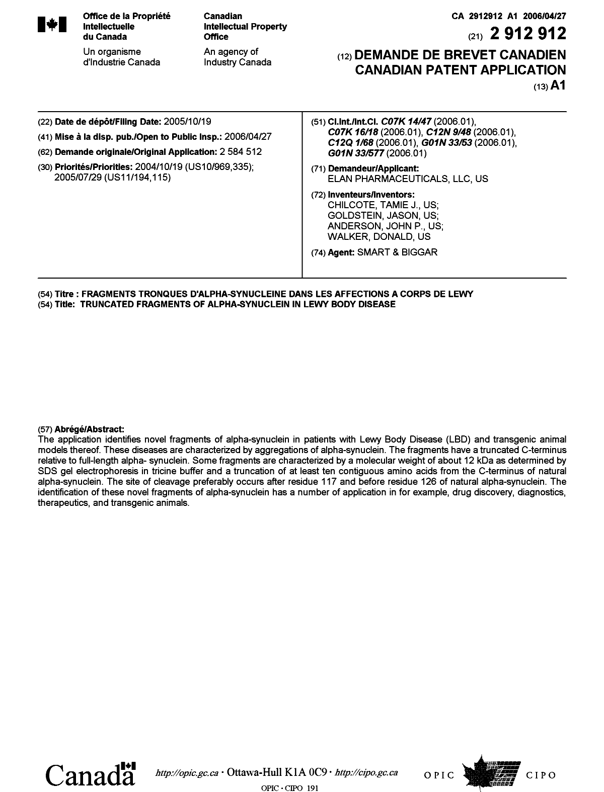 Canadian Patent Document 2912912. Cover Page 20151222. Image 1 of 1